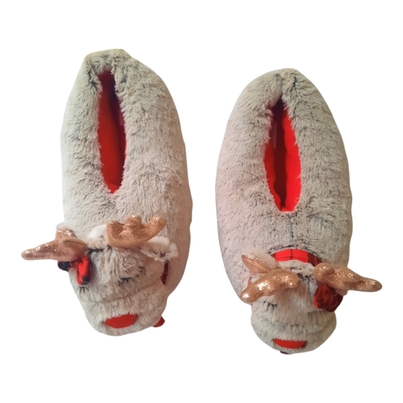 Christmas Fuzzy RUDOLPH REINDEER Slippers Sparkly Antlers And Ears Size 9-10 - Picture 5 of 10